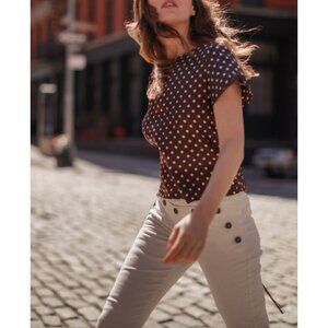 $253 Catherine Gee Brown Polka Dot Cate Ruched Blouse Top size Small